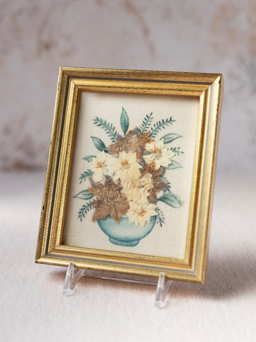 Vintage Framed Handmade Painted Pressed Dried Flowers Art Gold Frame Cottage
